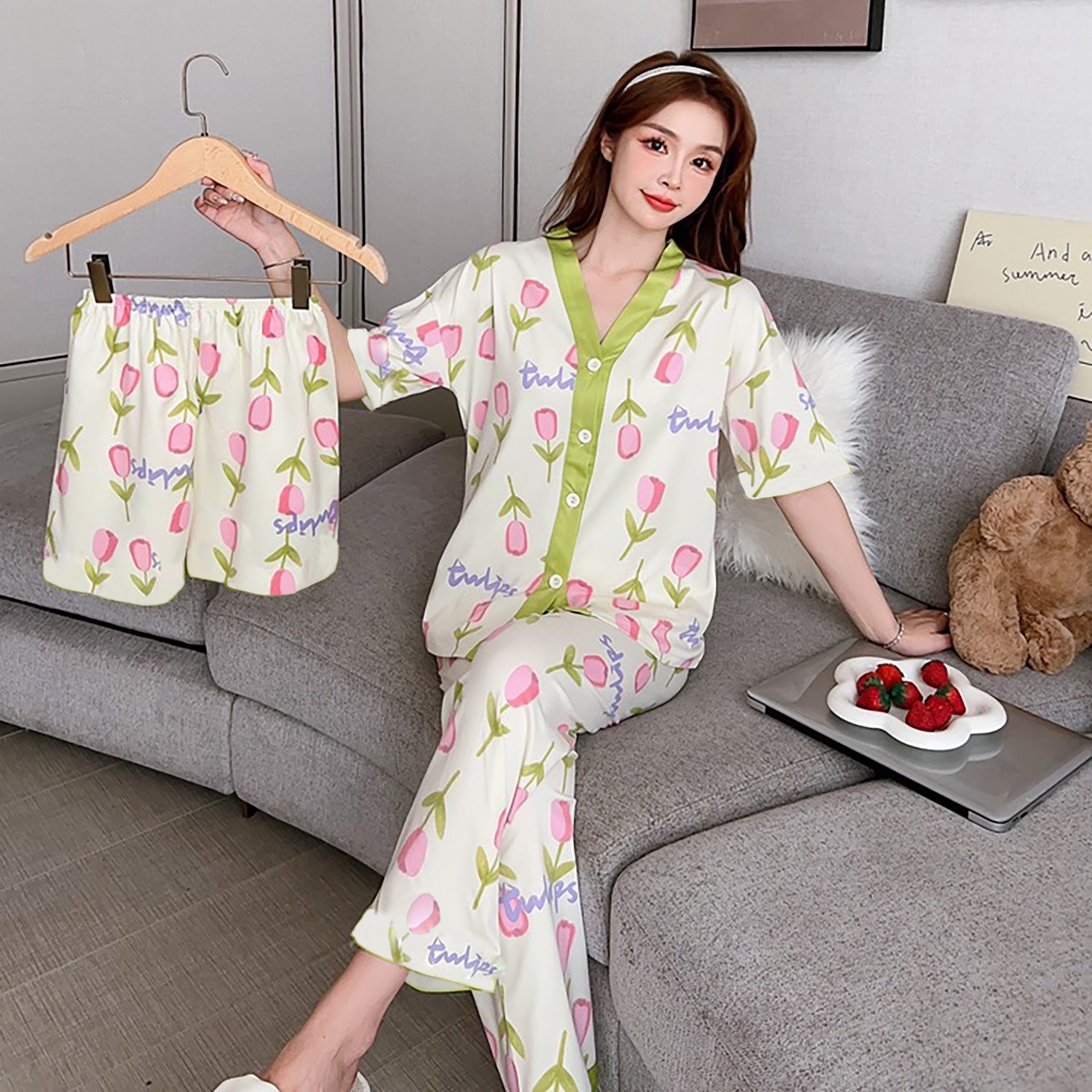 【3件套】D2夏季薄款女士短袖短裤长裤睡衣KK170