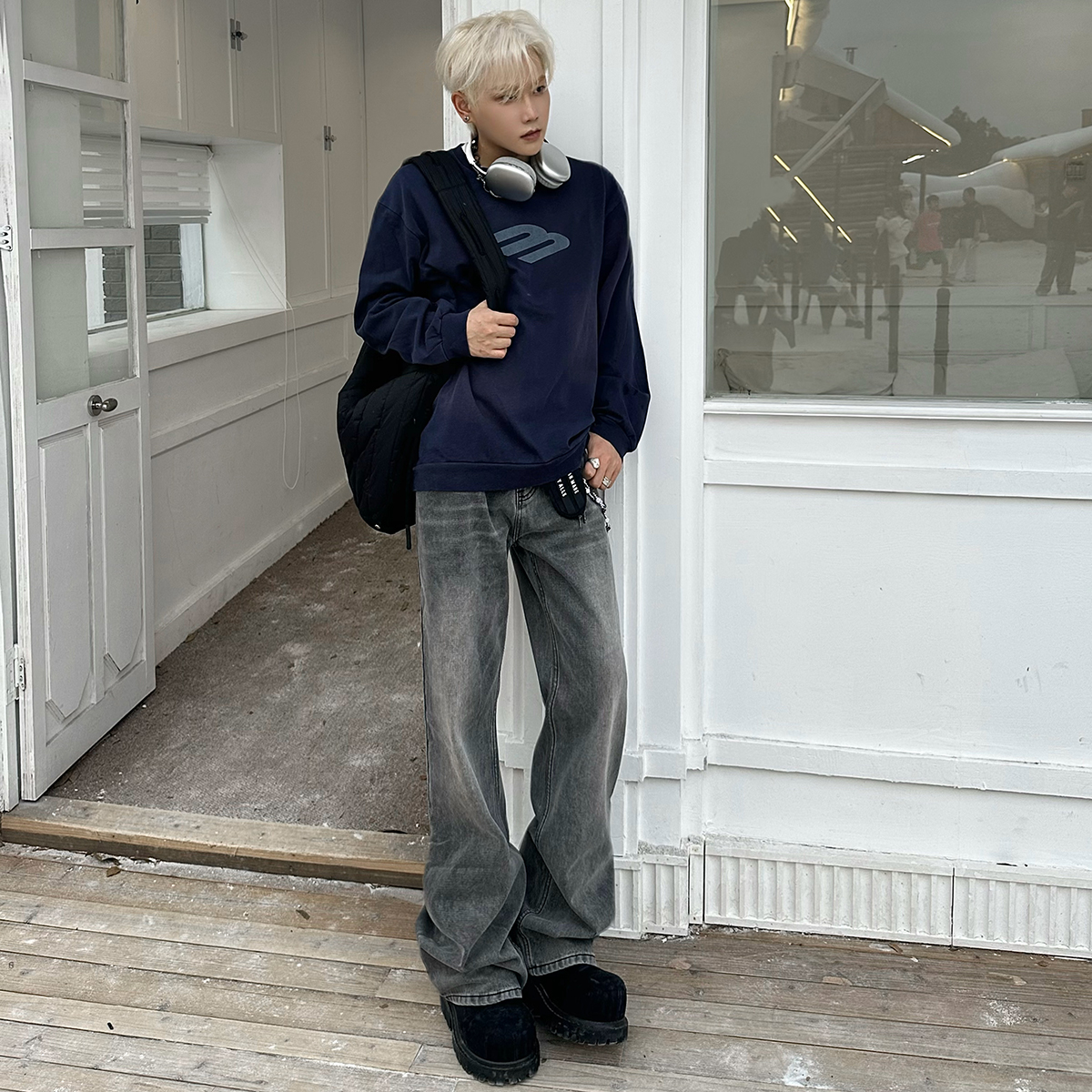 小柯XCOK美式烟灰微喇裤宽松复古高街水洗直筒休闲阔腿牛仔裤K27