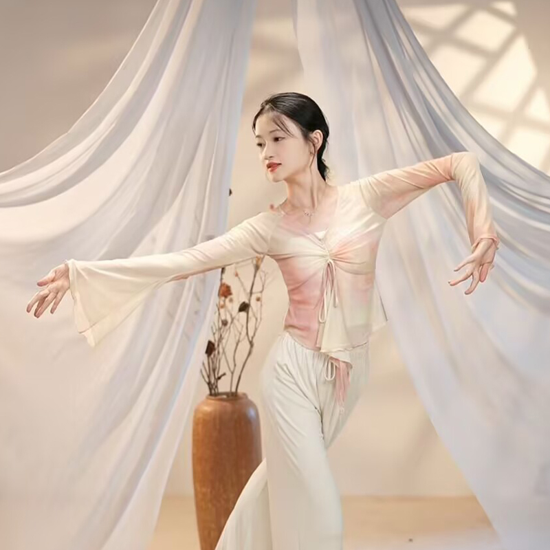 古典舞纱衣女修身喇叭袖渐变身韵练功服上衣中国民族舞飘逸演出服