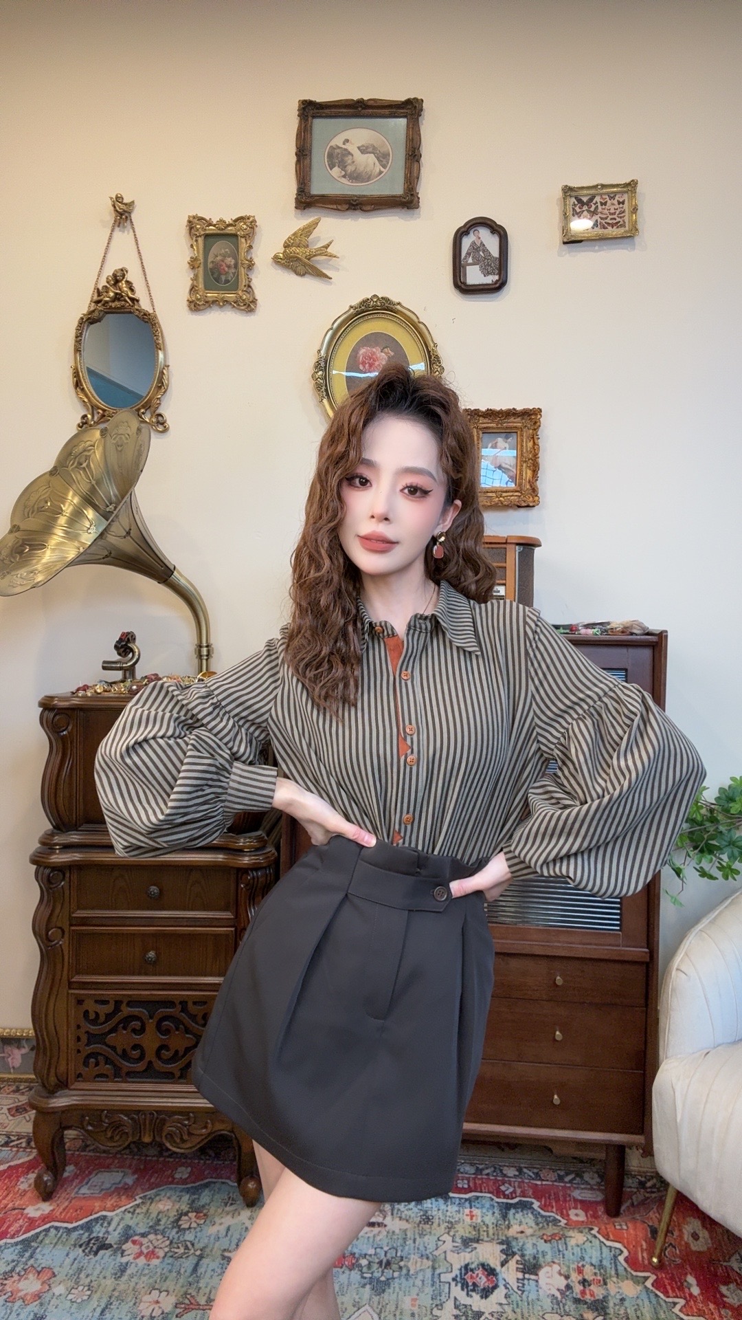 【十一港风】设计感门襟复古百搭条纹衬衫Y3879