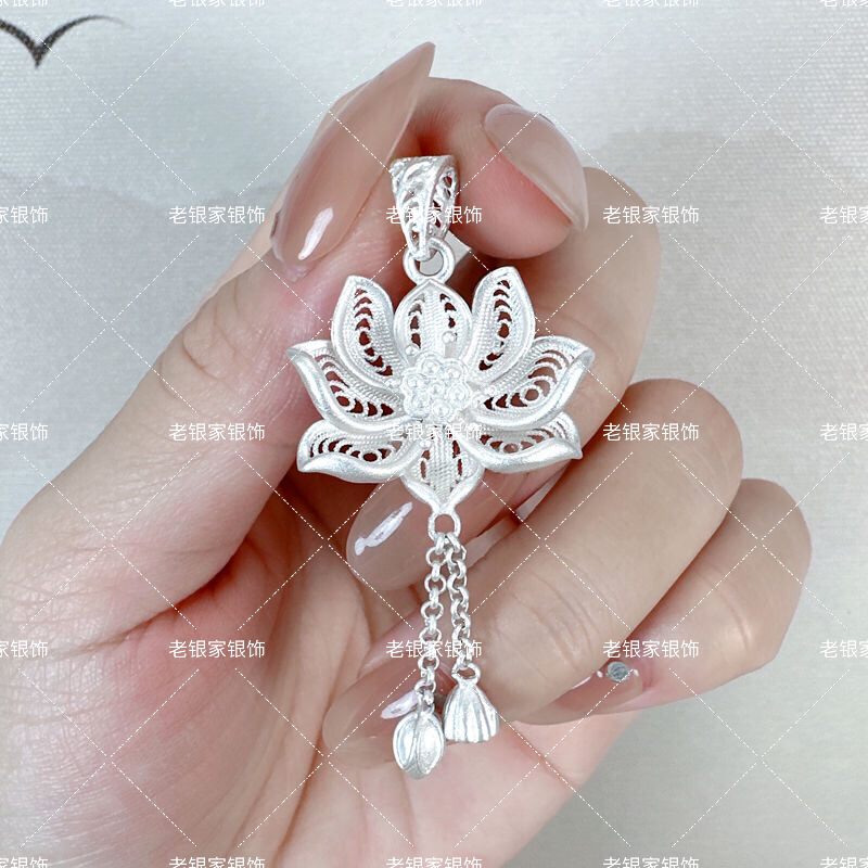 吊坠足银 990莲花流苏项链立体掐丝工艺中国风两世欢花朵吊坠长款