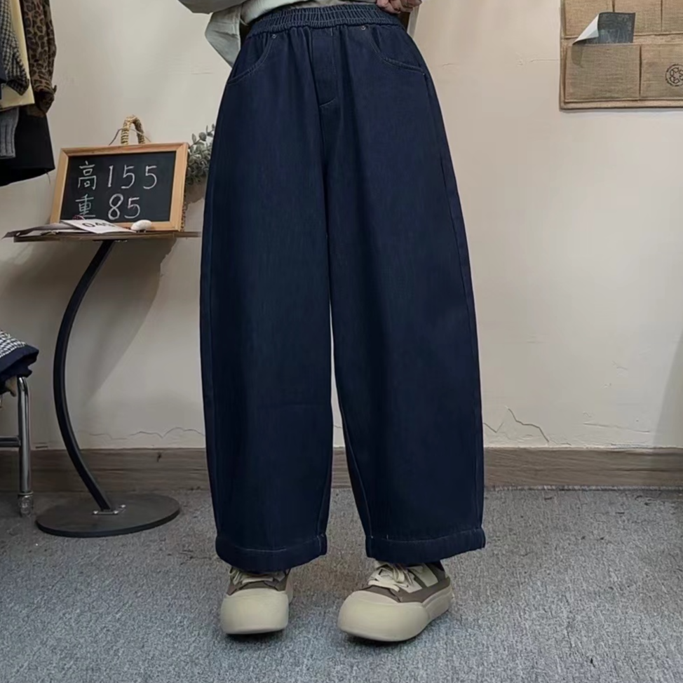 2025冬季时尚深色高腰宽松加绒加厚款牛仔裤气球裤
