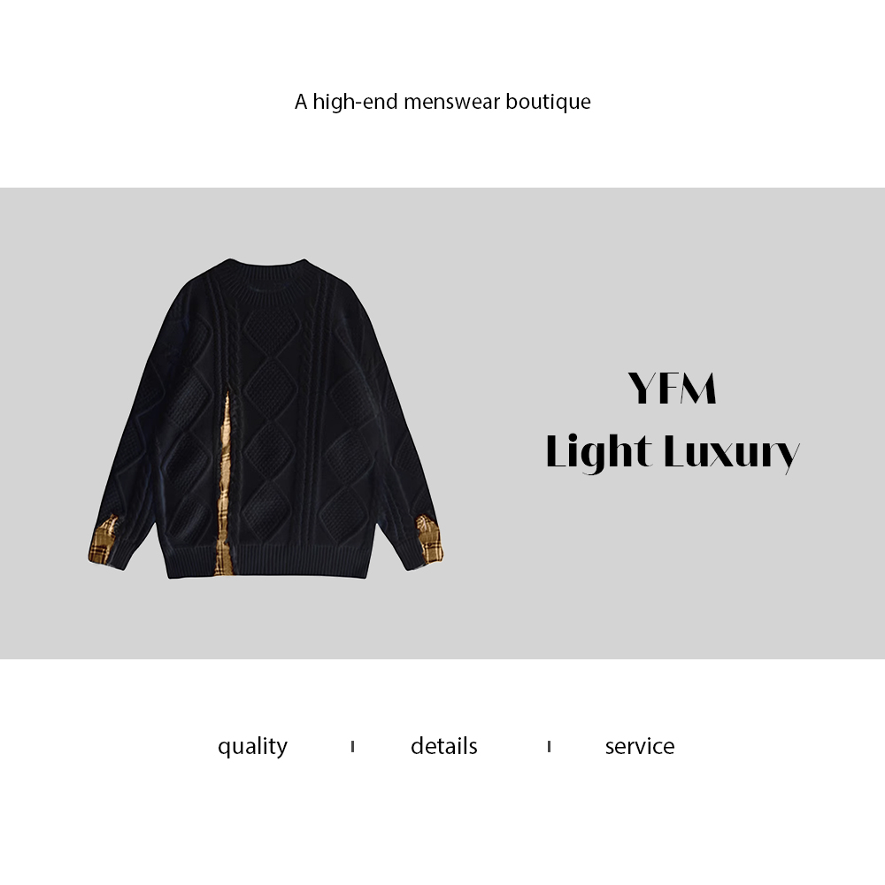 【男女同款】秋冬保暖轻奢格纹拼接圆领毛衣1150