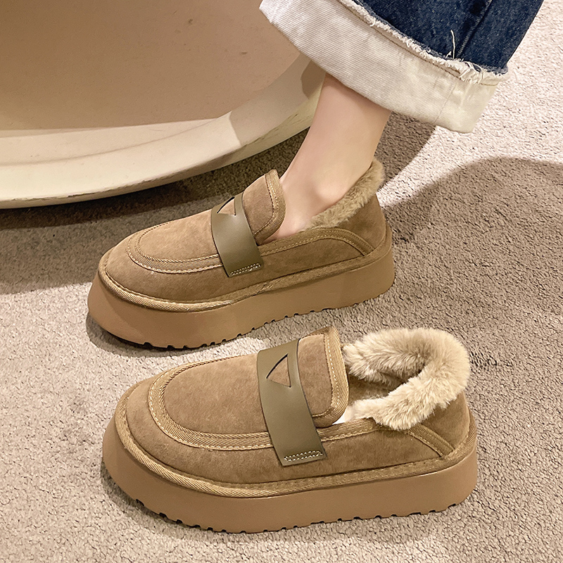 意尔康康保暖雪地靴女秋冬加绒一脚蹬鞋新款2023厚底面包棉鞋豆豆