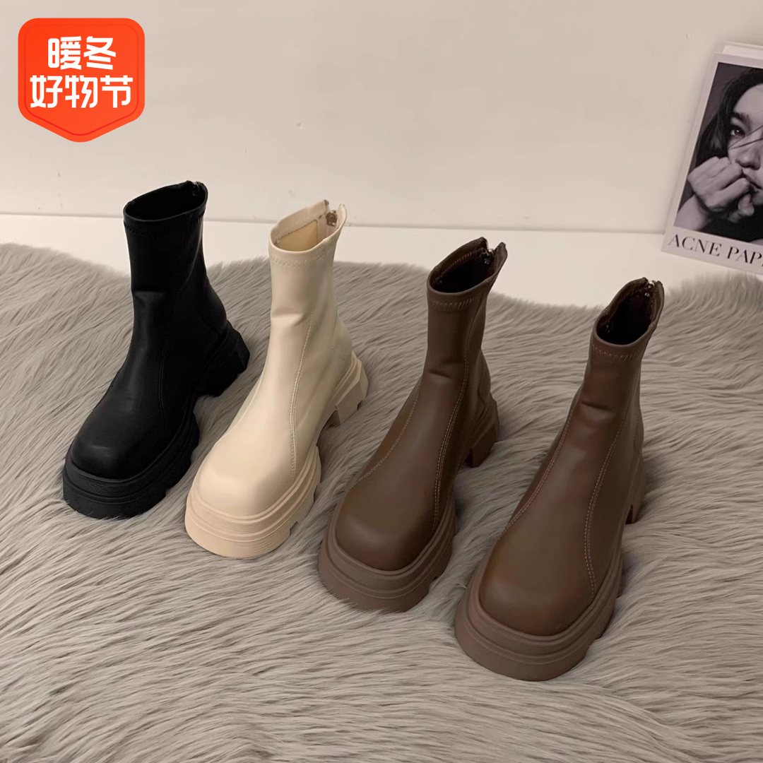 意尔康康厚底马丁靴女ins靴子弹力2023年新款春秋季显瘦网红时尚