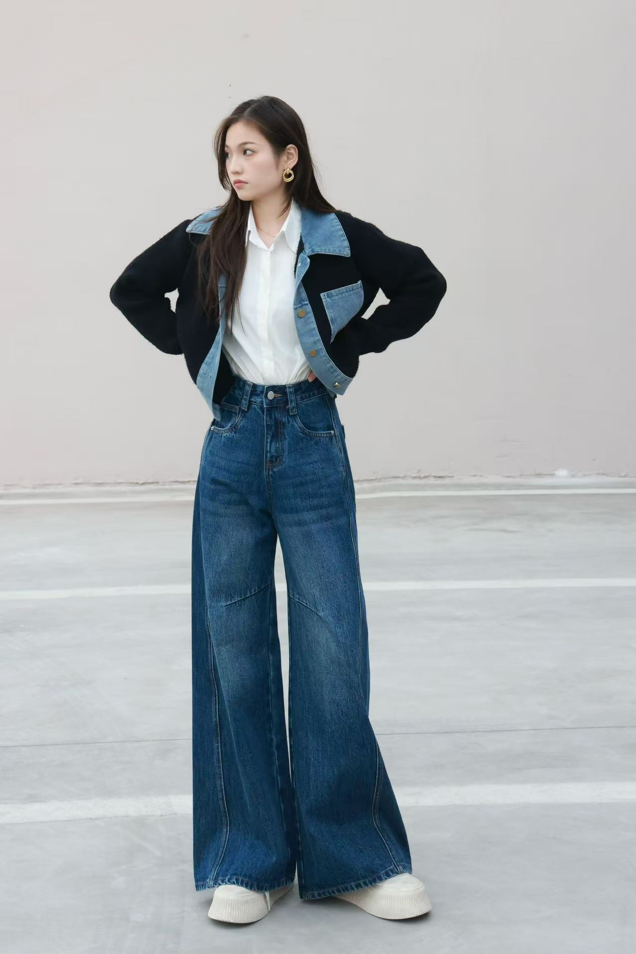 春秋季款深色系阔腿裤牛仔裤高腰显瘦宽松百搭9027#