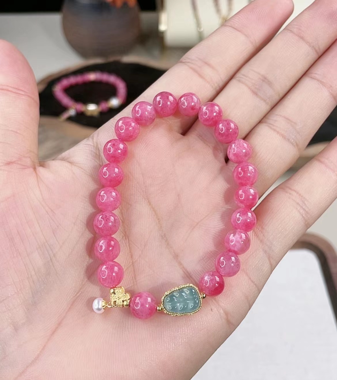 高品蔷薇辉石手串搭配翡翠金枝玉叶手链28201