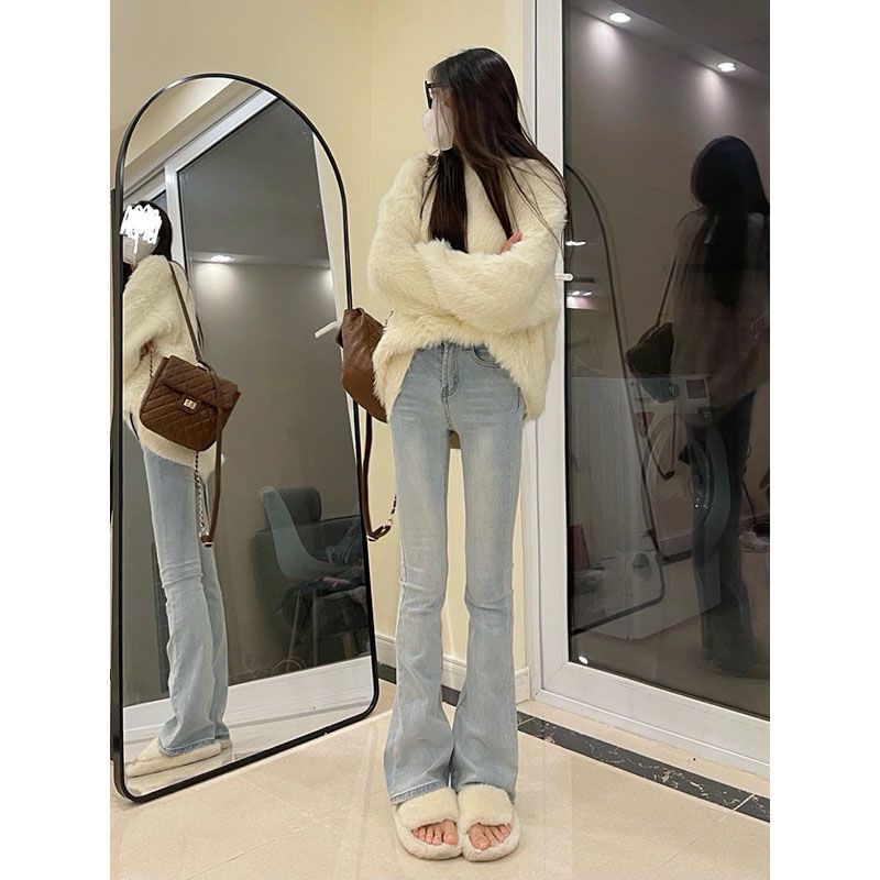 高腰微喇叭牛仔裤女秋冬季修身显瘦直筒百搭高个子加长拖地马蹄裤