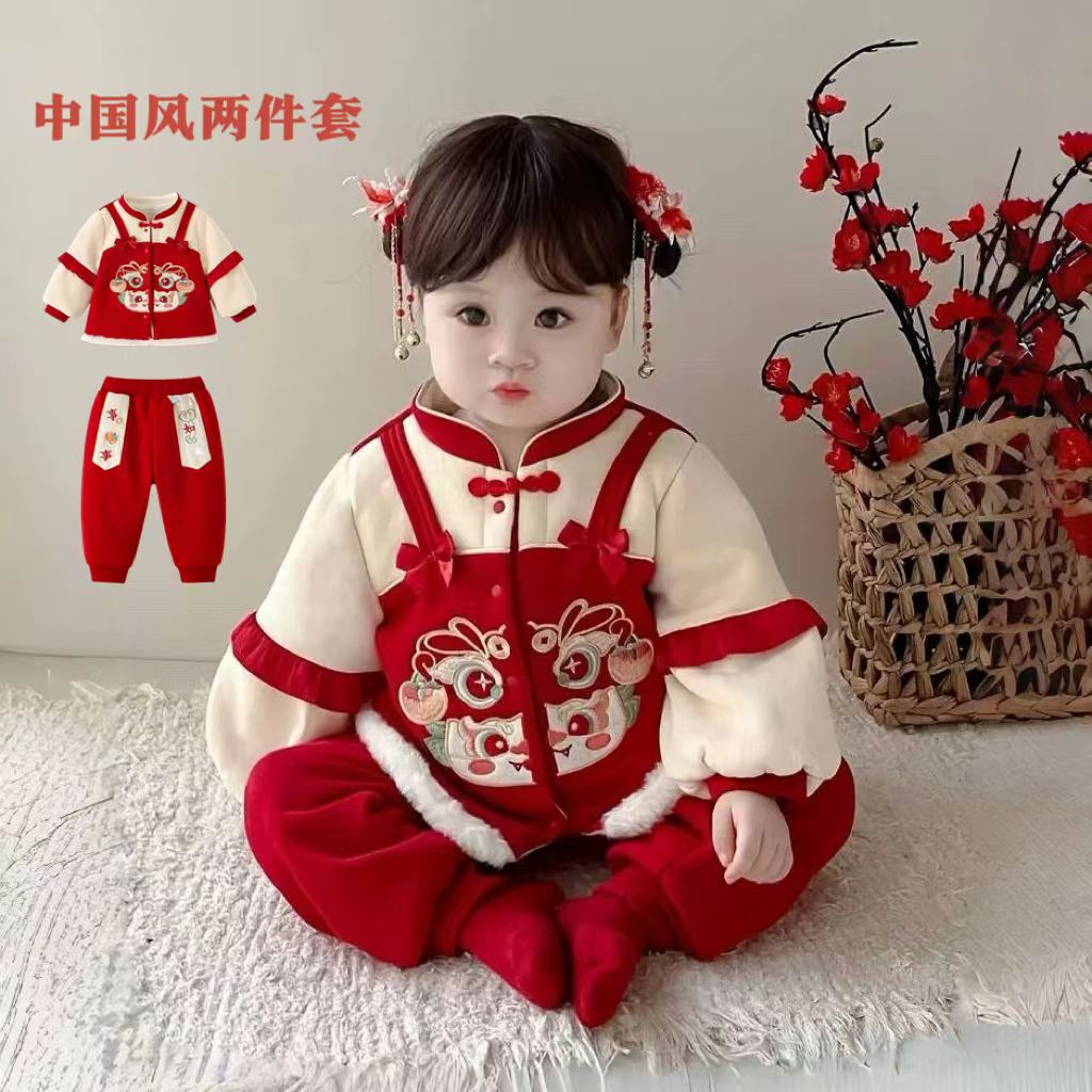 宝宝唐装秋冬女童加绒套装儿童分体婴儿周岁礼服抓周新年装拜年服