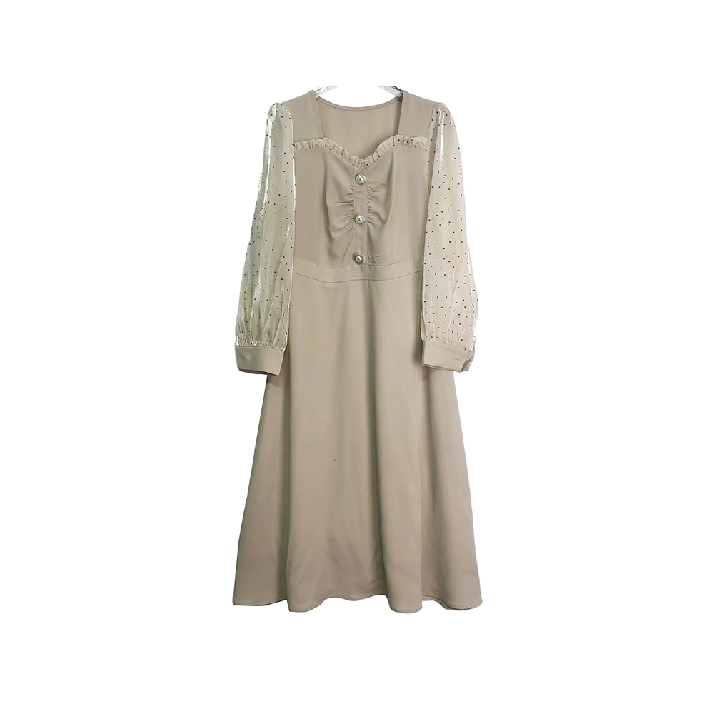 E6305【新款】休闲百搭圆领双拼卡其色连衣裙