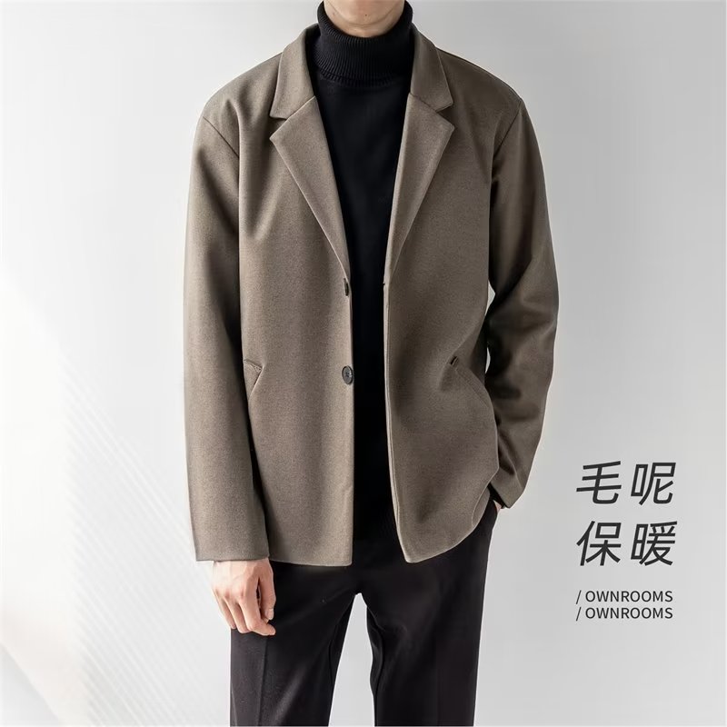 毛呢西装外套男秋冬高级感冬季西服韩版宽松加厚呢子大衣男装潮男