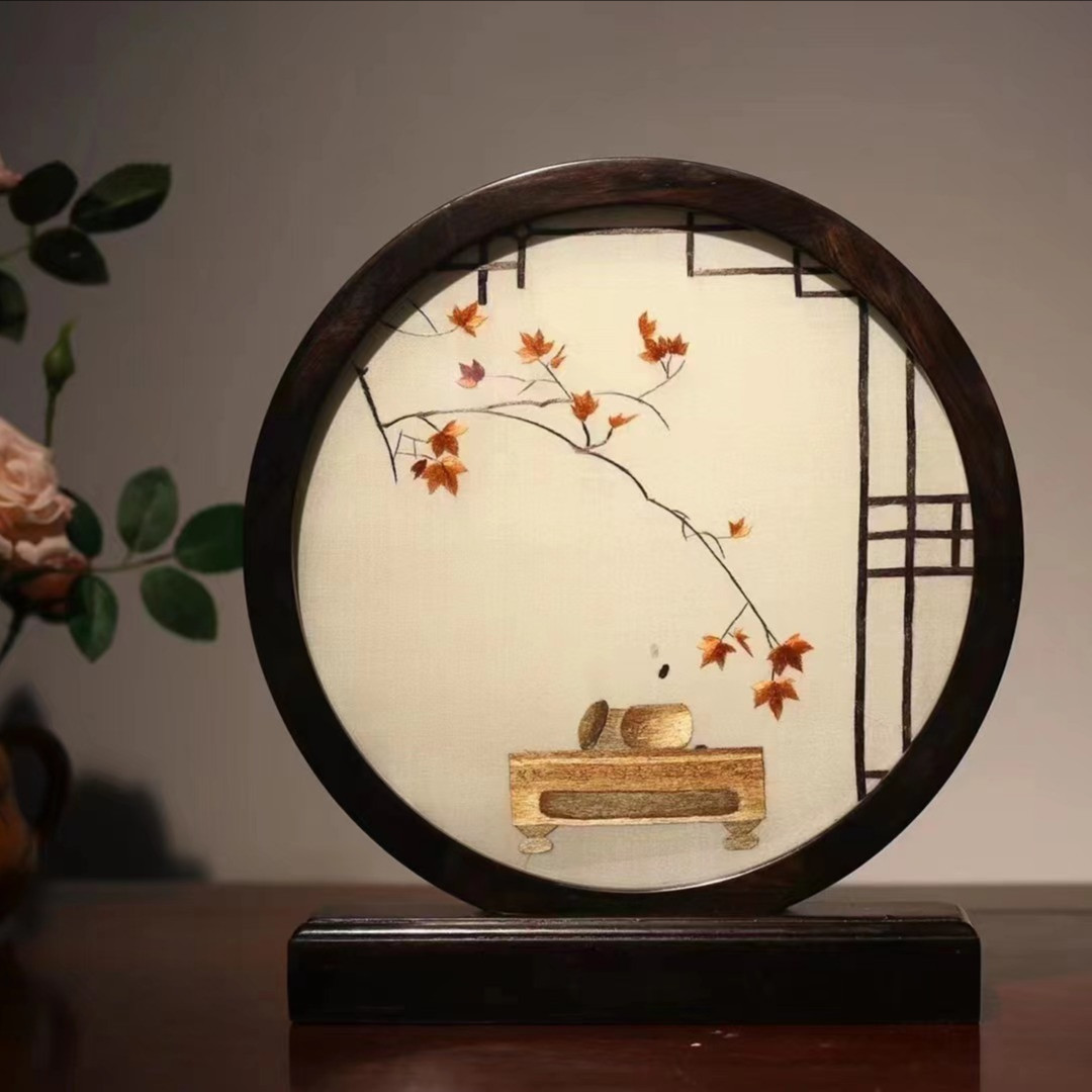 紫光檀双面绣文创礼品简约摆件父亲节儿童节