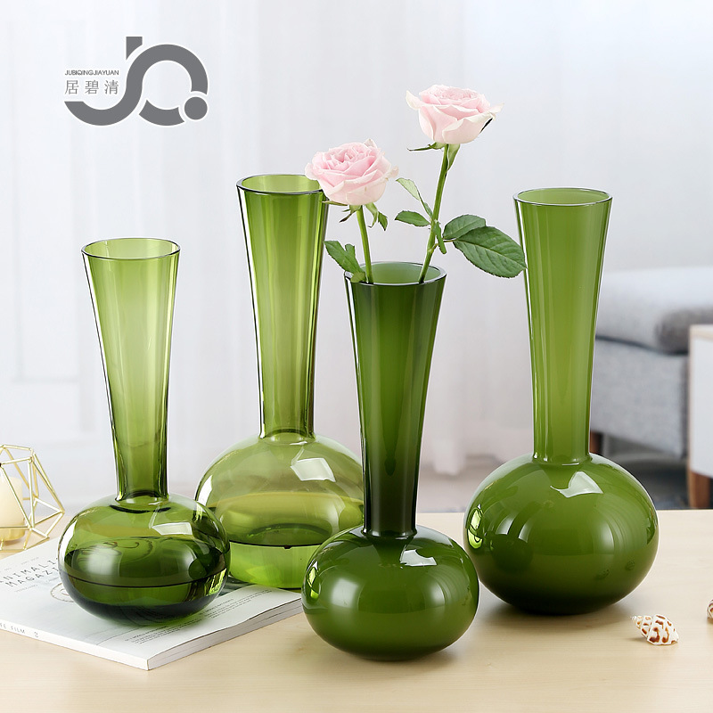 中古法式长颈玻璃花瓶瓷绿色兰吊钟马醉木百合摆件客厅玄关