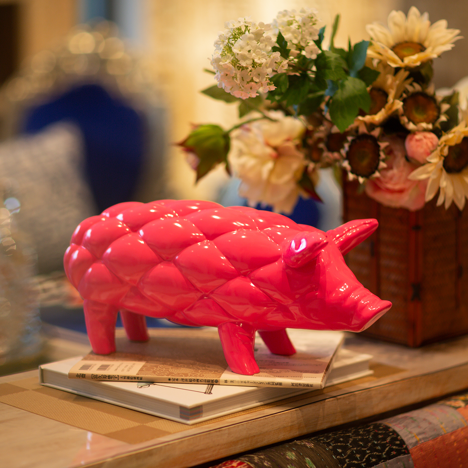 【BENNY本尼家】43*12*18 纯色玻璃钢创意卡通八戒桃红色猪摆件
