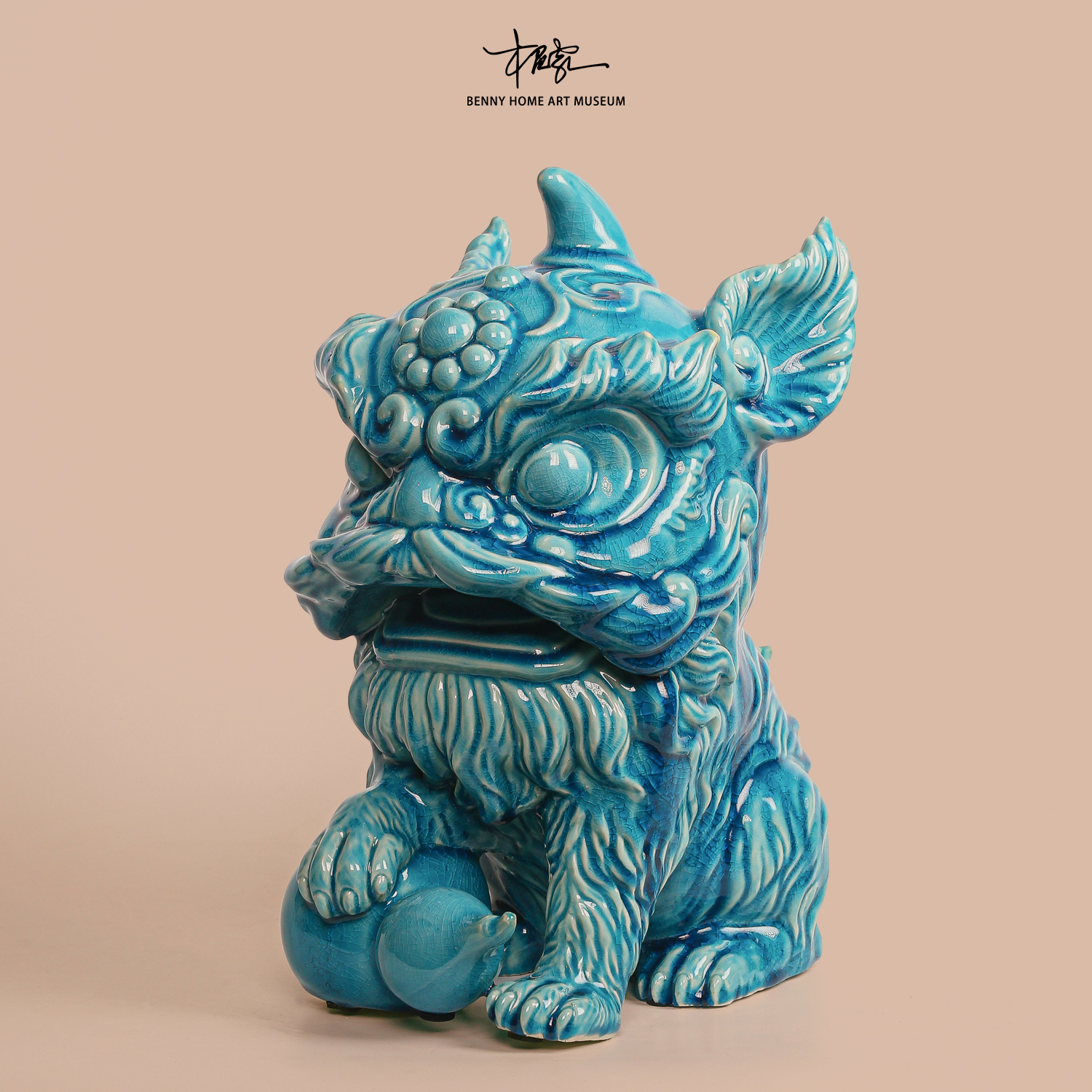 【Benny哥专属】非遗手工蓝釉石湾陶中式陶瓷福禄狮家居玄关摆件