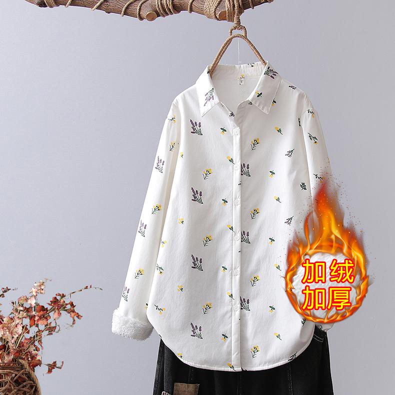 2025冬季新款长袖刺绣加绒加厚衬衫女遮肉显瘦打底衫百搭纯棉衬衣