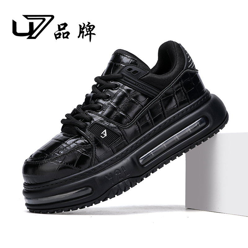 U7品牌男鞋真皮透气厚底增高板鞋2025新款时尚系带舒适男士面包鞋