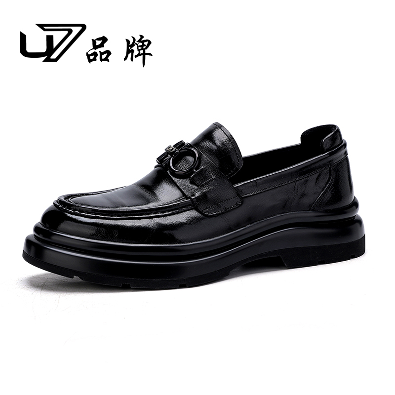 U7品牌男鞋牛皮商务休闲皮鞋2025新款真皮透气软底增高豆豆鞋