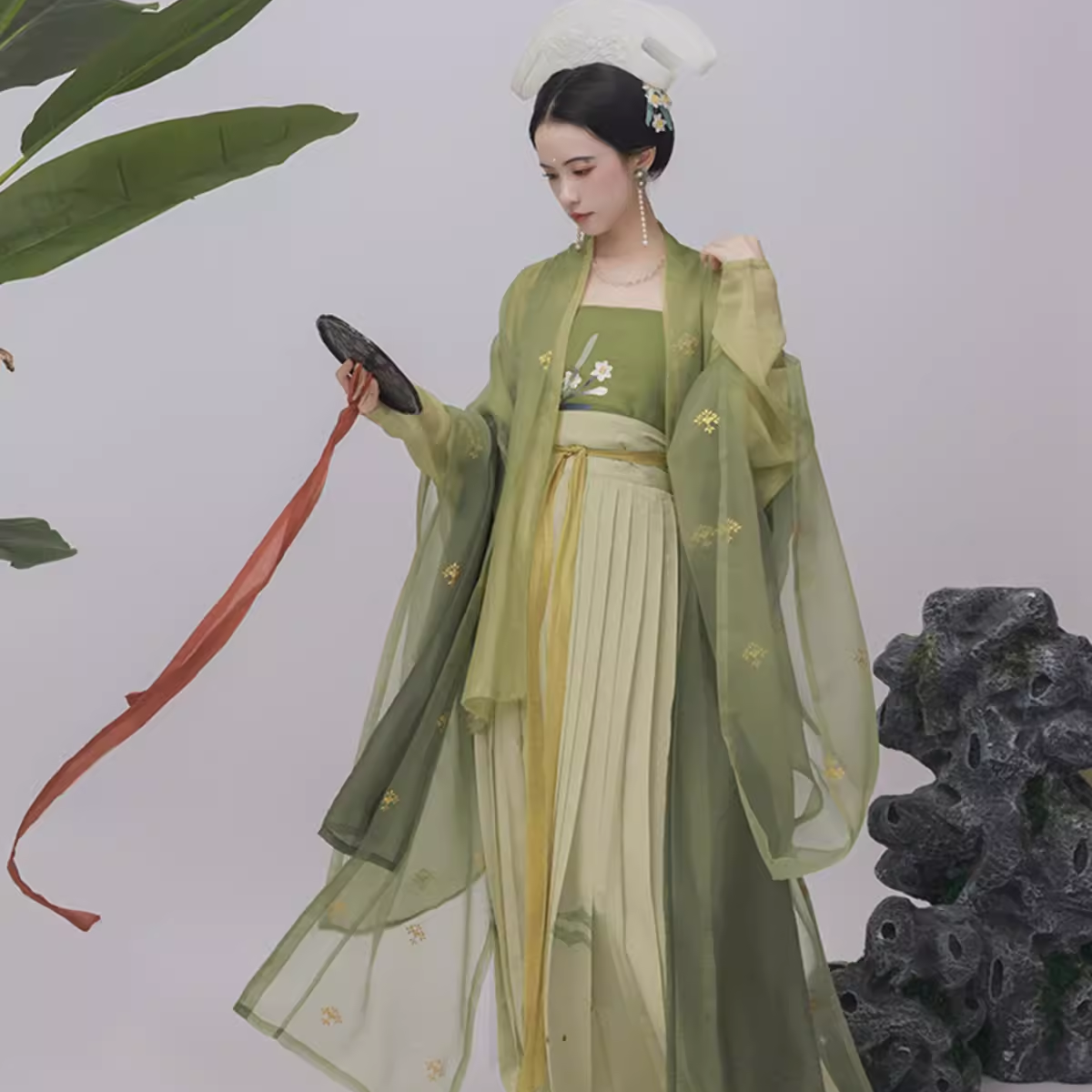 【上遥居】 新桐 北宋原创汉服女夏仿铁拐大袖衫印金绿色天丝绣花单