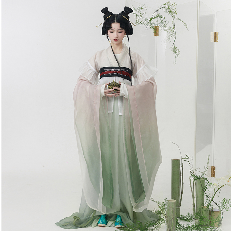 【上遥居】青音 南北朝原创汉服女粉绿渐变大袖襦白色半臂绿色裙单