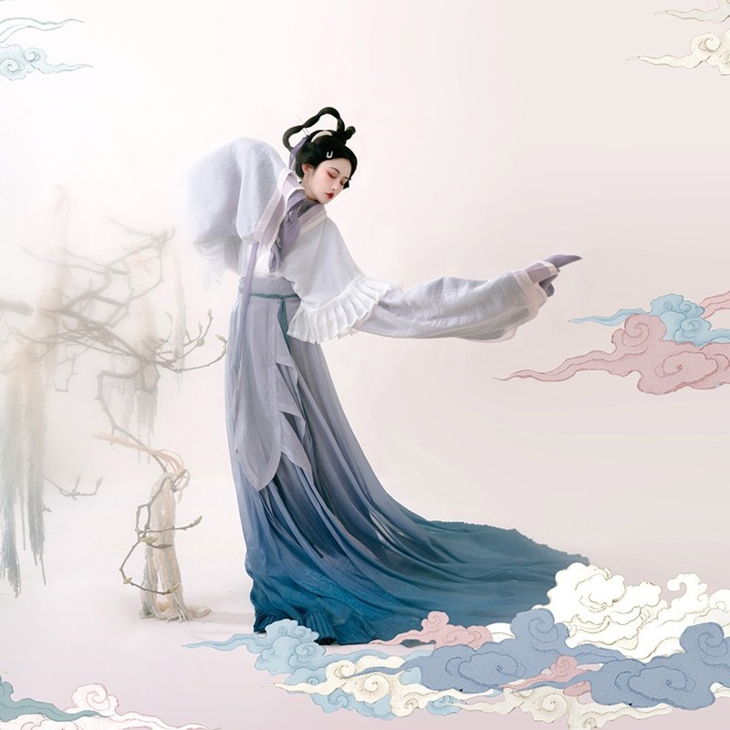 【上遥居】洛神 晋丝博走秀拖尾渐变交窬裙垂胡袖交领紫色曲领衫