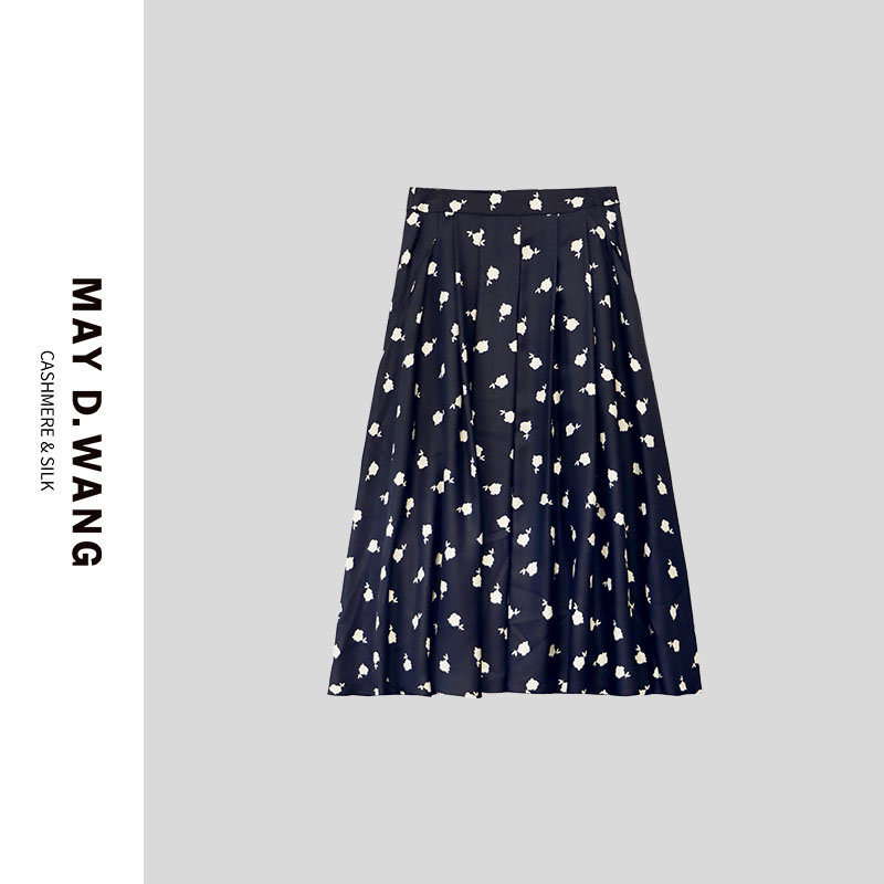 王之造【老徐专属】春夏百褶真丝斜纹印花半身裙女装 F2F1132