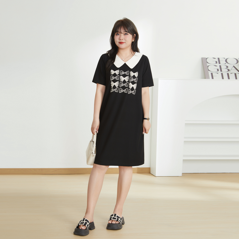 采多宝大码女装撞色POLO领A字气质印花连衣裙女 DXQ1397