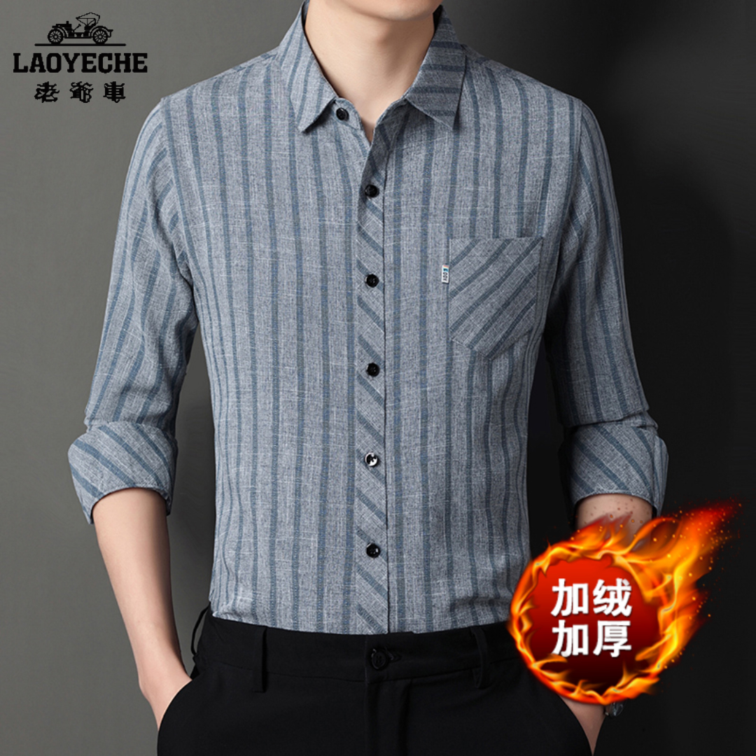 加厚加绒衬衫冬季高档中老年爸爸装男士长袖棉麻休闲保暖商务衬衣