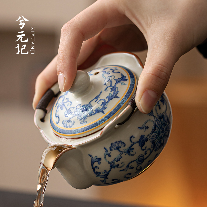 兮元记青花汝窑手抓壶盖碗茶杯单个高档家用泡茶壶珐琅彩功夫茶具