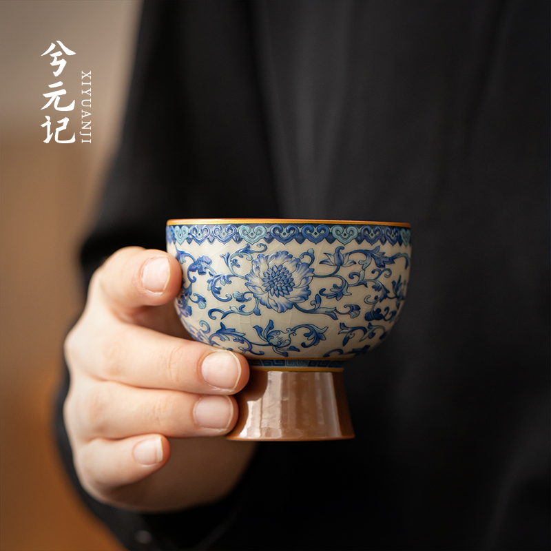兮元记青花汝窑高足主人杯高档陶瓷茶杯个人专用单杯珐琅彩品茗杯