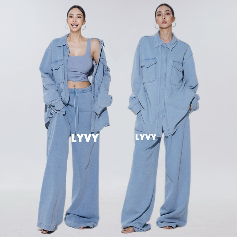 【牛仔色三件套】袁伶嫣做旧牛仔色休闲三件套男女同款