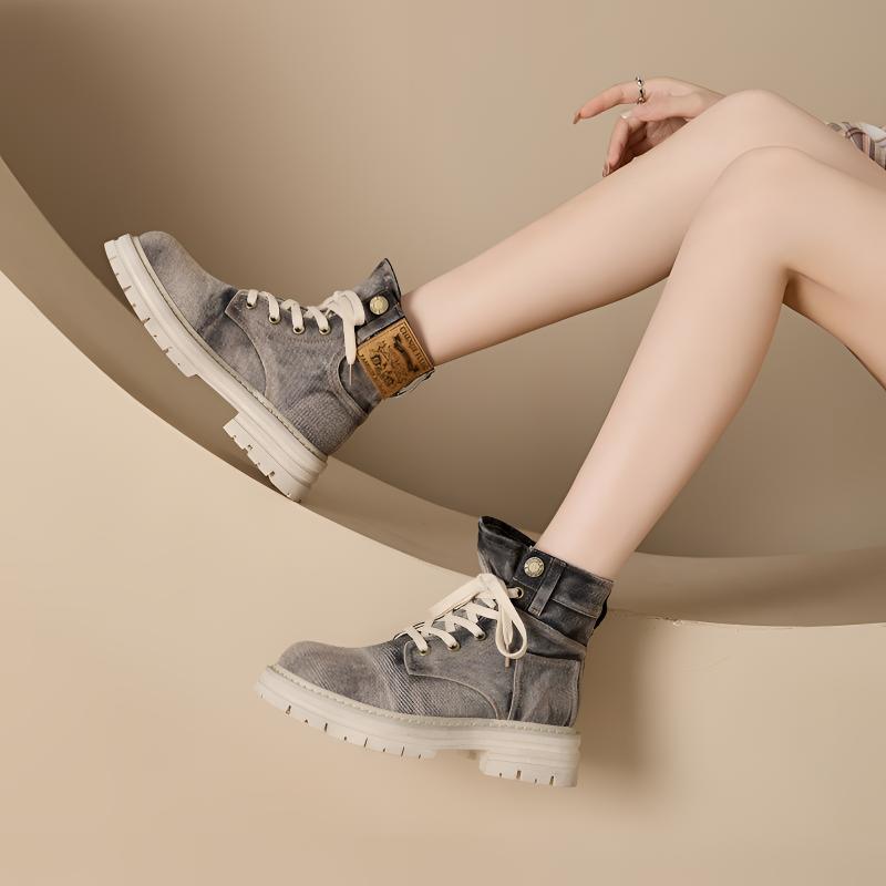 女款内增高牛仔马丁靴夏季新款厚底复古西部短靴透气