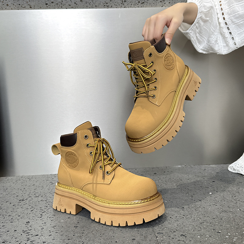 大黄靴女2024秋季新款马丁靴女户外徒步厚底大黄靴真皮马丁靴女