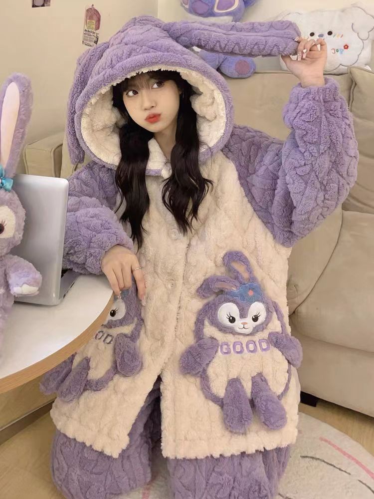 （专属）女款秋冬季加绒加厚睡衣三层夹棉连帽小个子家居服套装冬天