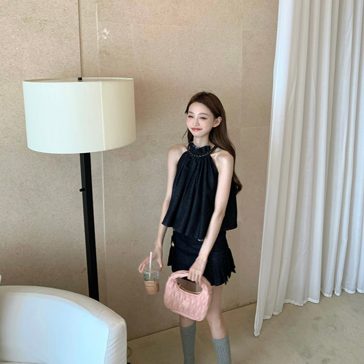 E  COOLLINE林子熙 甜心Rachel 夏季韩版工艺繁星牛仔挂脖套装女