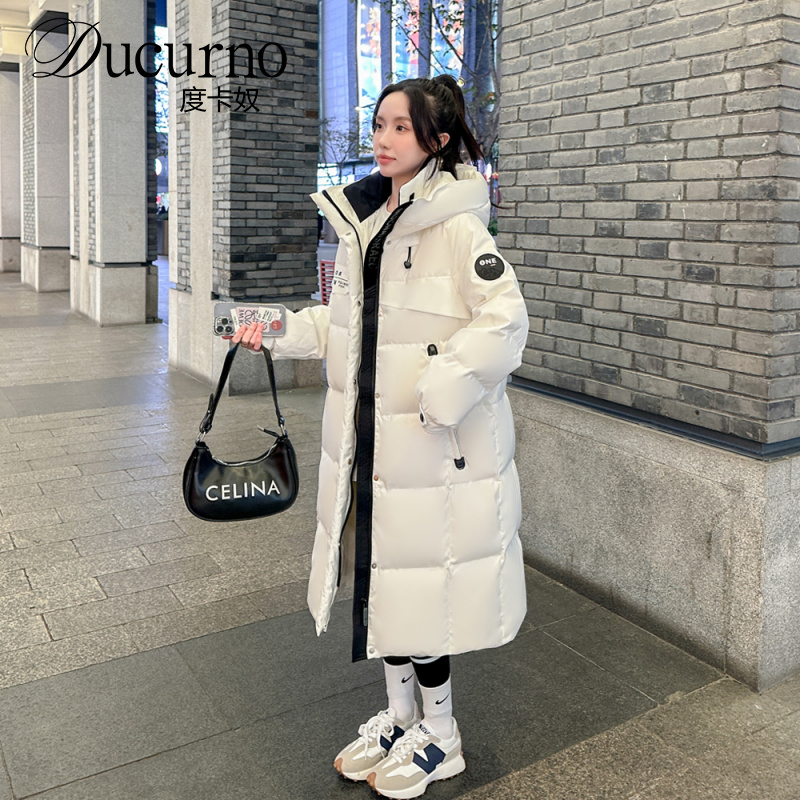 白色羽绒服女中长款2025年冬季新款韩版连帽90白鸭绒过膝加厚外套