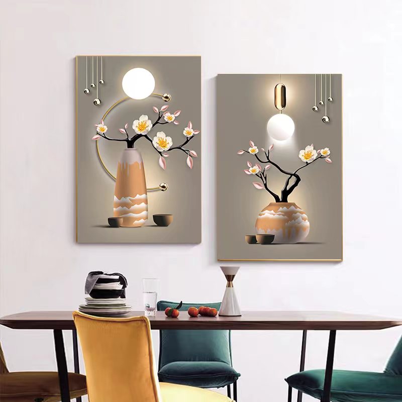 【升级款】《花枝惊鸿》餐厅两联晶瓷镶钻艺术装饰画背景墙挂画CD09