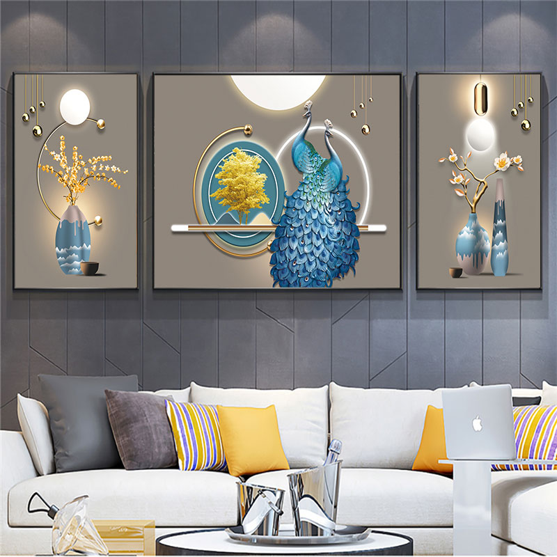 【甄选升级款】《吉祥孔雀》客厅晶瓷镶钻铝合金边框装饰画现代KT21