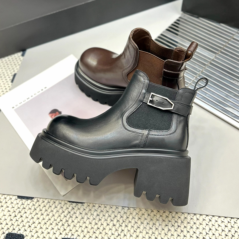 927-2复古切尔西短靴女厚底增高烟筒靴显瘦百搭真皮粗跟马丁靴