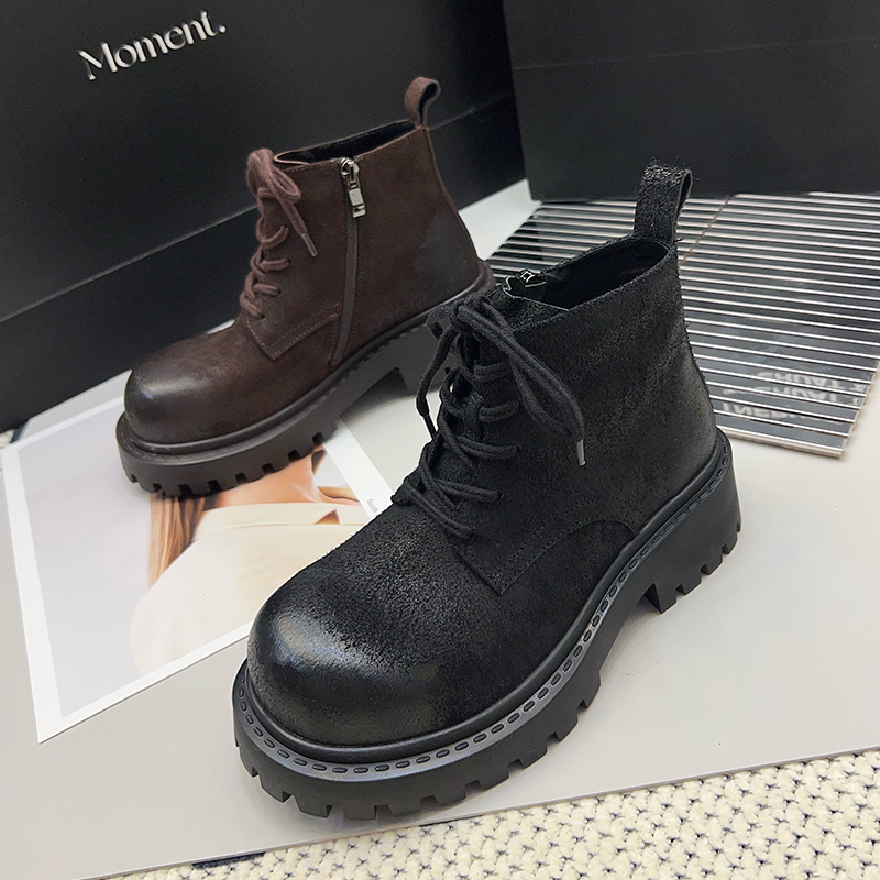 865-7马丁靴女厚底2025秋冬新款真皮机车靴子擦色复古粗跟短靴