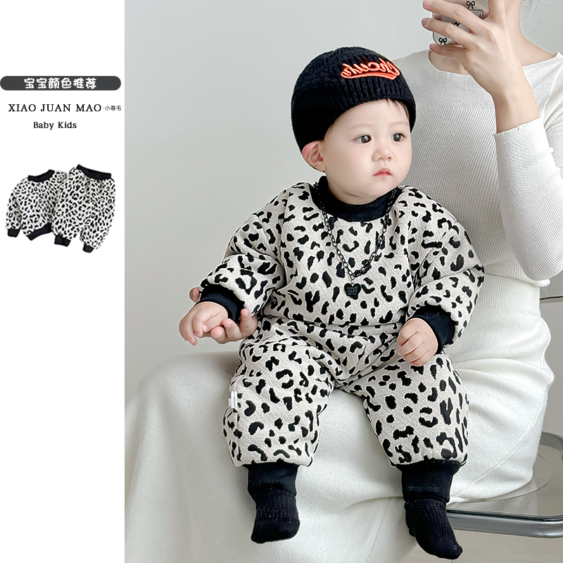 T24D37男女宝宝秋装套装新款时髦衣服洋气豹纹加厚套装两件套外出