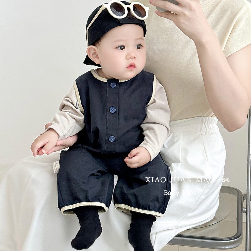 T24C118 婴儿春秋款衣服童装韩版男女宝儿童无袖拼色外出爬服外穿