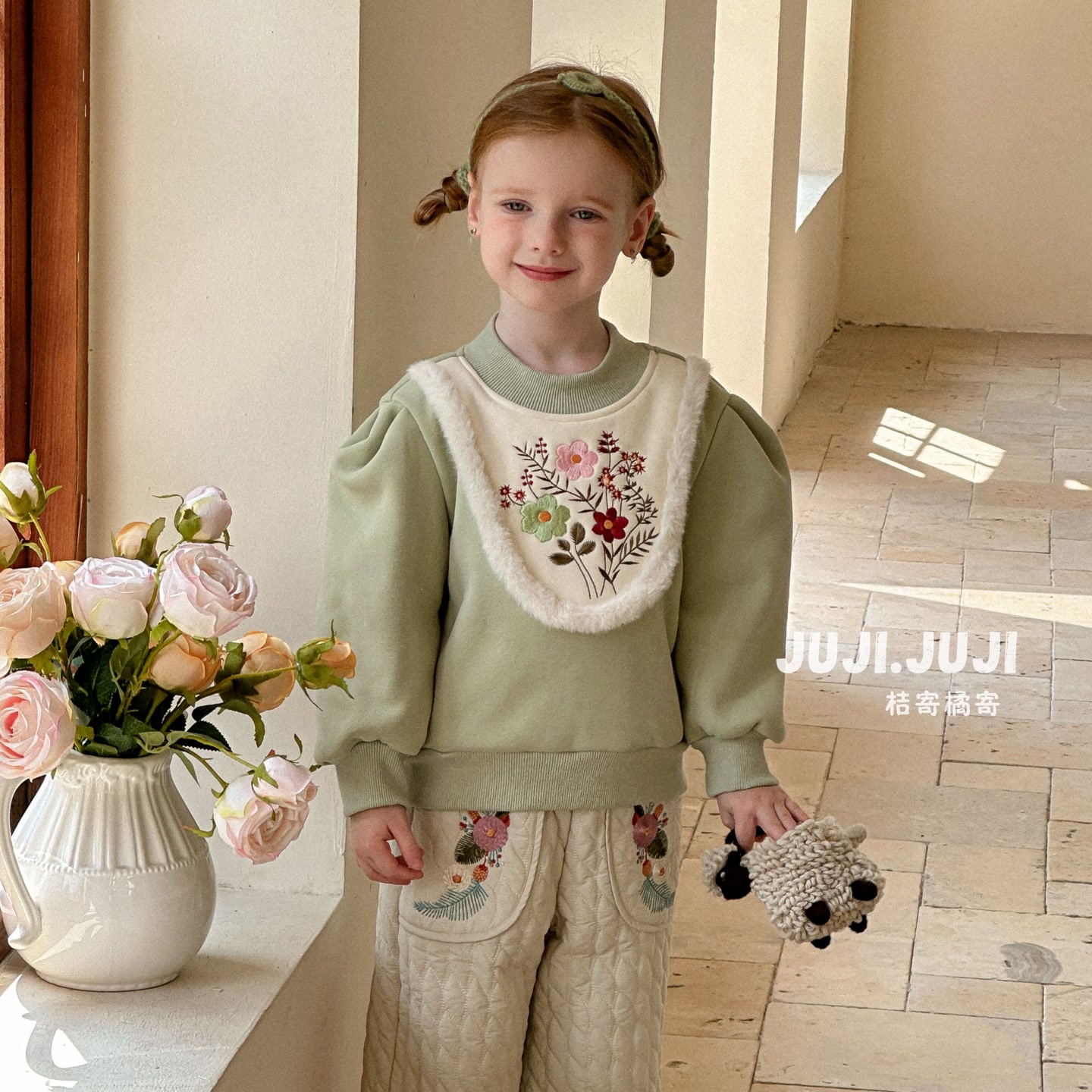 juji•橘寄【丹青阁】女童卫衣D8223儿童洋气宝宝绿色加绒加厚水云绿