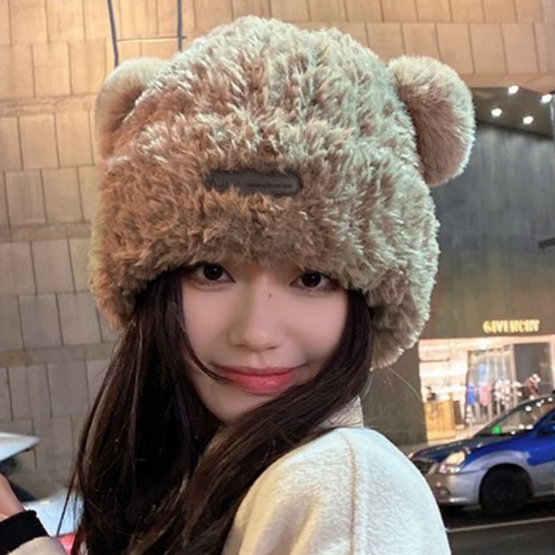 秋冬针织帽网红小熊毛绒帽韩版ins加厚保暖帽防寒冬天秋冬护耳帽