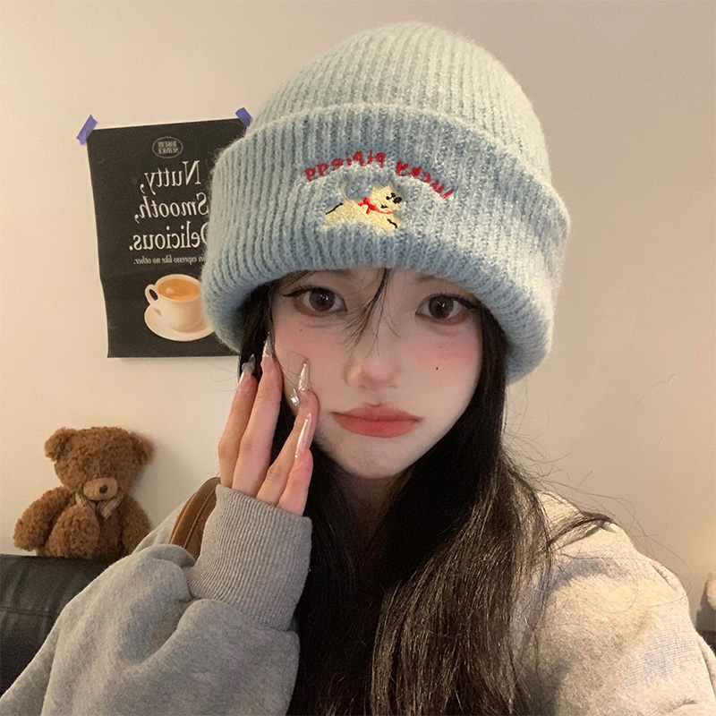 可爱小狗针织帽网红时尚百搭学生包头保暖帽子冬季防风保暖帽子女