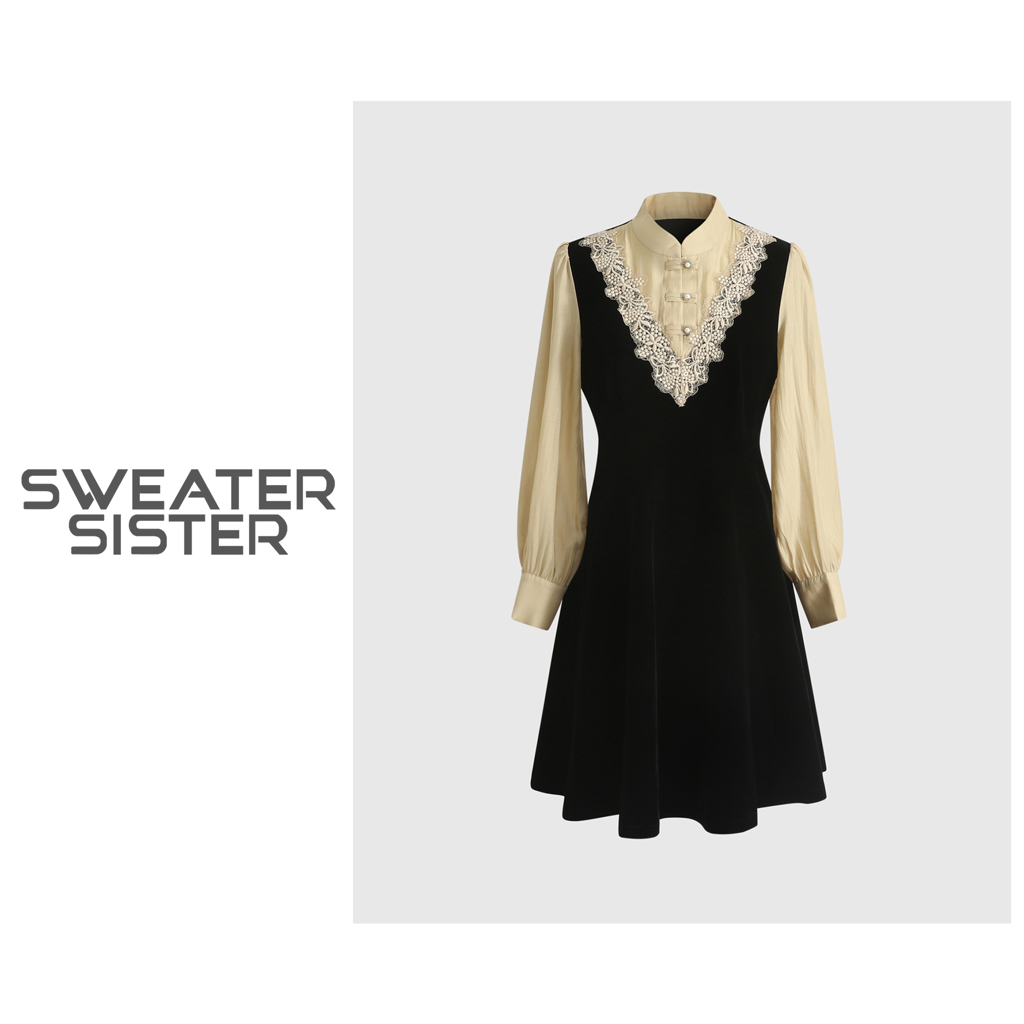 毛衣姐姐法式名媛风立领钉珠盘扣丝绒拼接假两件连衣裙女589-925