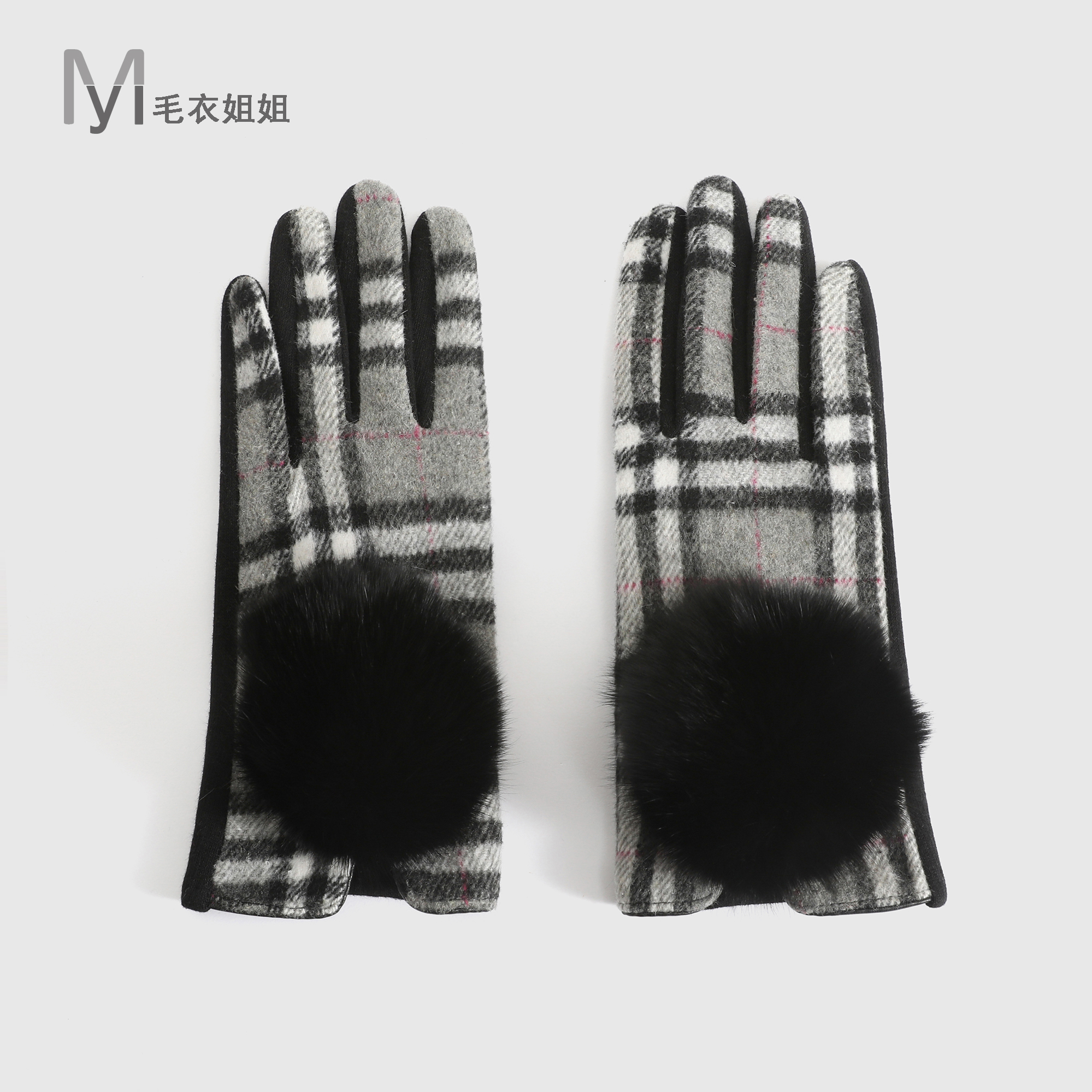 复古格子可触屏狐狸毛球加绒保暖手套