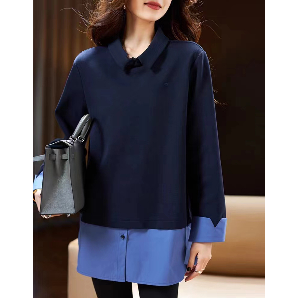 毛衣姐姐新款翻领时尚蜂窝空气层假两件衬衫宽松卫衣女649-23082