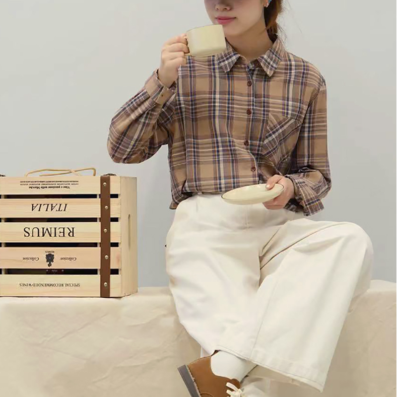 毛衣姐姐新款英伦风经典格子单排扣衬衫女5128-002