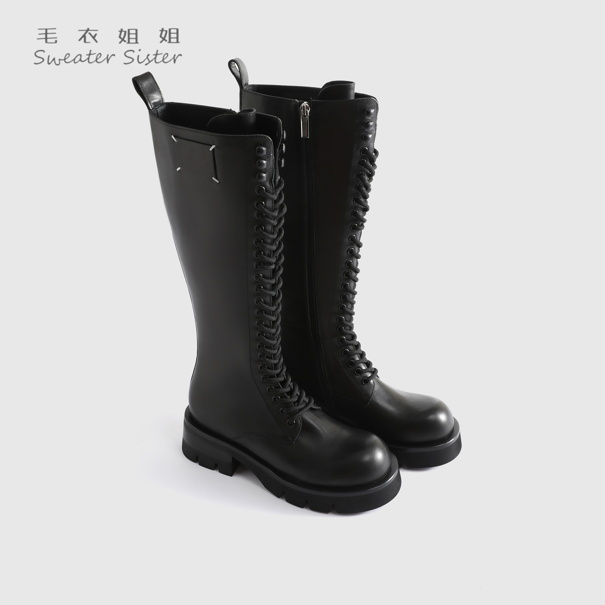 毛衣姐姐新款英伦风粗跟厚底绑带高筒长筒靴侧拉链骑士靴女7263